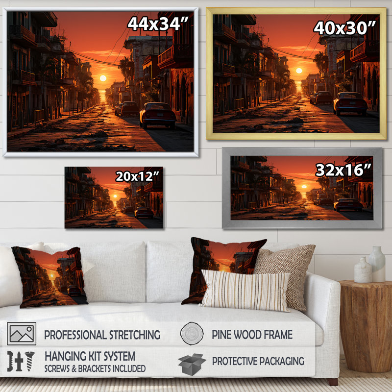 «Havana Sunset Panorama I», reproduction sur toile, Cadre doré simple, H 24 po x l 32 po x P 1 po
