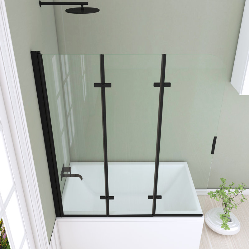 Jraty 51" W x 59"H Three Plates Folding Tub Door Bathtub Screen with Clear Glass, Black