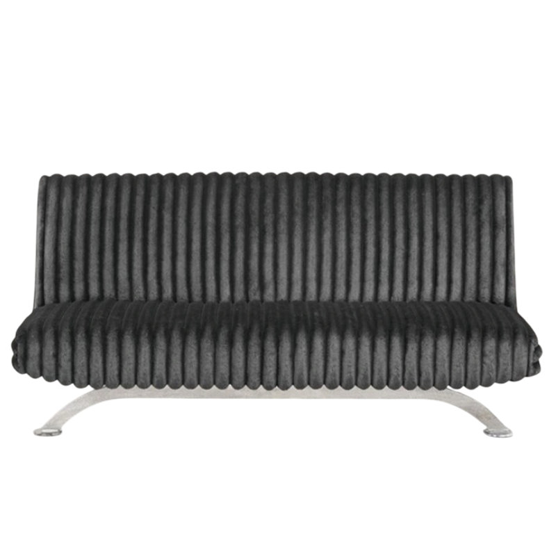 Villy Futon Sofa Bed, Chrome Metal Legs, Charcoal Channel Tuft Fabric, Charcoal Gray Fabric