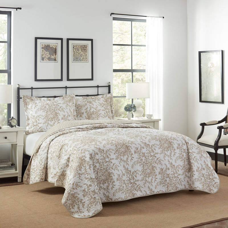 Mocha Cotton Reversible Full Quilt Set with Trim