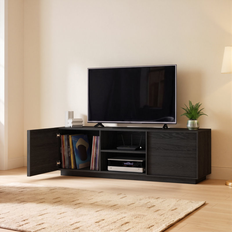Meuble télé moderne en bois de 137 cm de large avec rangement, centre multimédia pour téléviseurs jusqu'à 152 cm de hauteur.