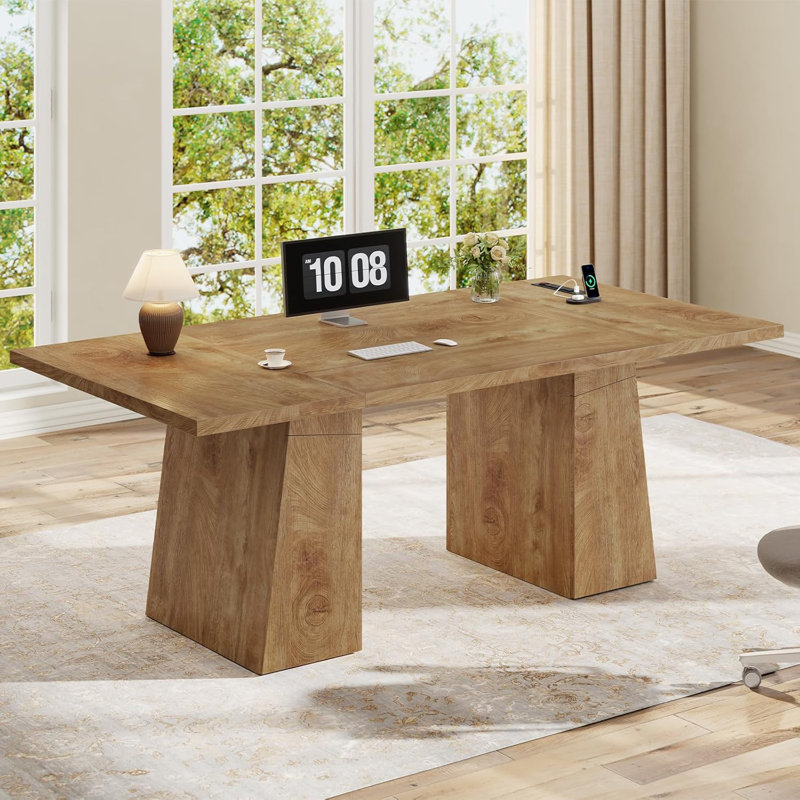 Executive Desk, Modern Home Office Desk With Power Outlets And Storage Cabinet, Conference Table, Oak