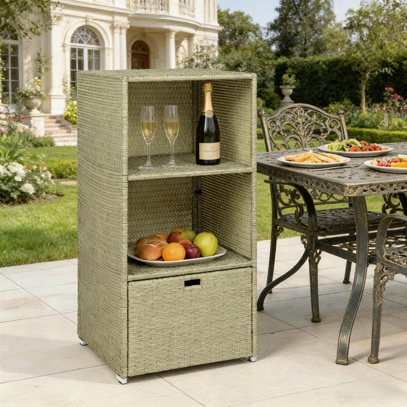 Boîte de rangement d'extérieur en rotin avec tiroir et tablette, Kaki pâle