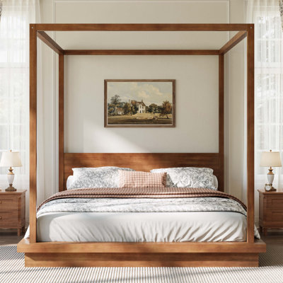 Très grand lit plateforme à baldaquin en bois avec tête de lit, conception intemporelle et fabrication robuste pour une élégance durable (matelas non inclus)