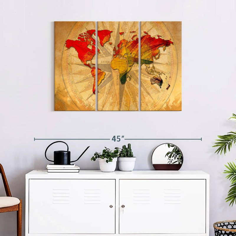 «World Map Old Compass World Map», reproduction sur toile 3 pièces par Tess P, H 24 po x l 38 po x P 1,25 po