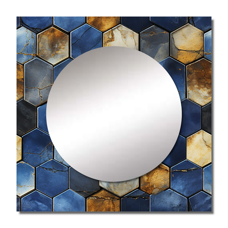 Gris et bleu Hexagone Symmetry - Art mural moderne carré en miroir pour salle de bain, 36 po x 36 po