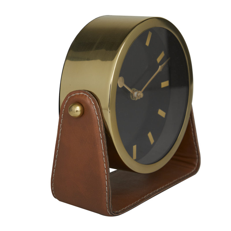Stainless Steel Metal Decorative Clock with Leather Stand, Gold/Brown, 7.30" H x 7.20" W x 4.40" D