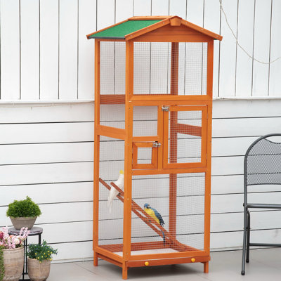 Volière d'extérieur en bois orange 65 po pour perroquets et perroquets, 2 portes, plateau coulissant, perroquets imperméables et robustes, perroquets à eau, plateau coulissant