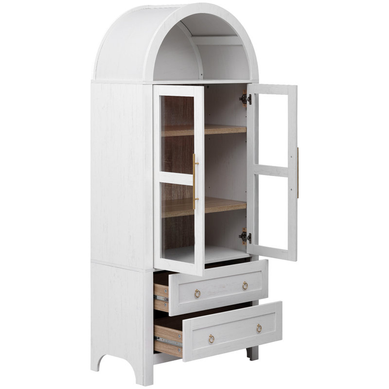 71-Inch High Arched Kitchen Cutlery Cabinet With 2 Large Drawers, Modern Farmhouse Storage Cabinet With Adjustable Shelves, Glass Door