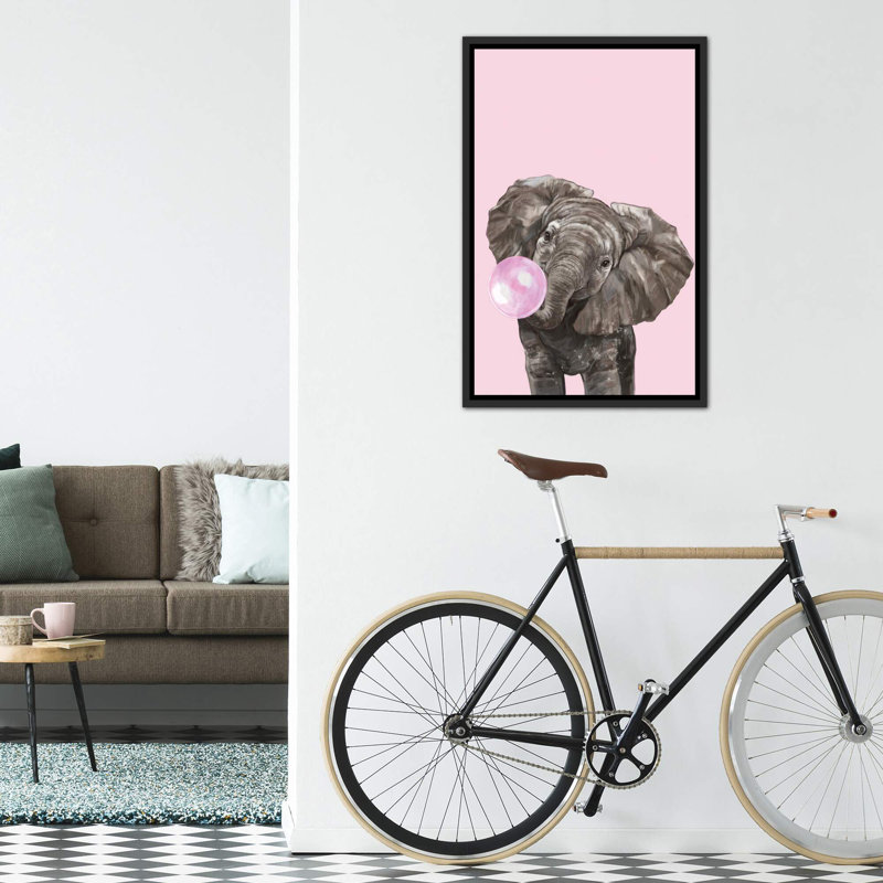 Art d’éléphant de gomme à bulles, H 60 po x l 40po x P 1,5 po, Toile avec cadre noir