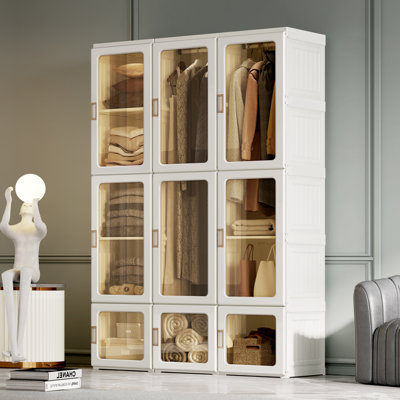 Armoire Wardrobe Closet Storage Cabinet – Foldable Closet Organizer with 8 Cubes & 2 Hanging Rods, One-Piece Tool-Free Assembly, Transparent Doors, Bedroom & Entryway Storage