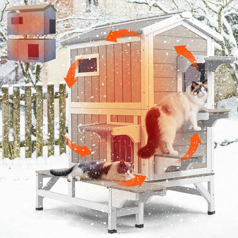 Abri pour chat isolé à deux étages avec plateforme, H 39,5 po x l 33,5 po x P 25,6 po