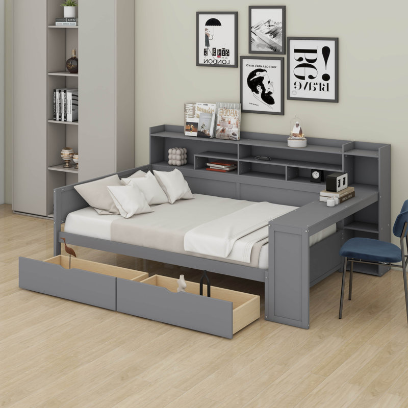 Corner Full Bed Frame With Bookcase Storage And Desk,Wood Day Beds With 2 Drawers, Captains Bed Frame With Bookcase And Headboard