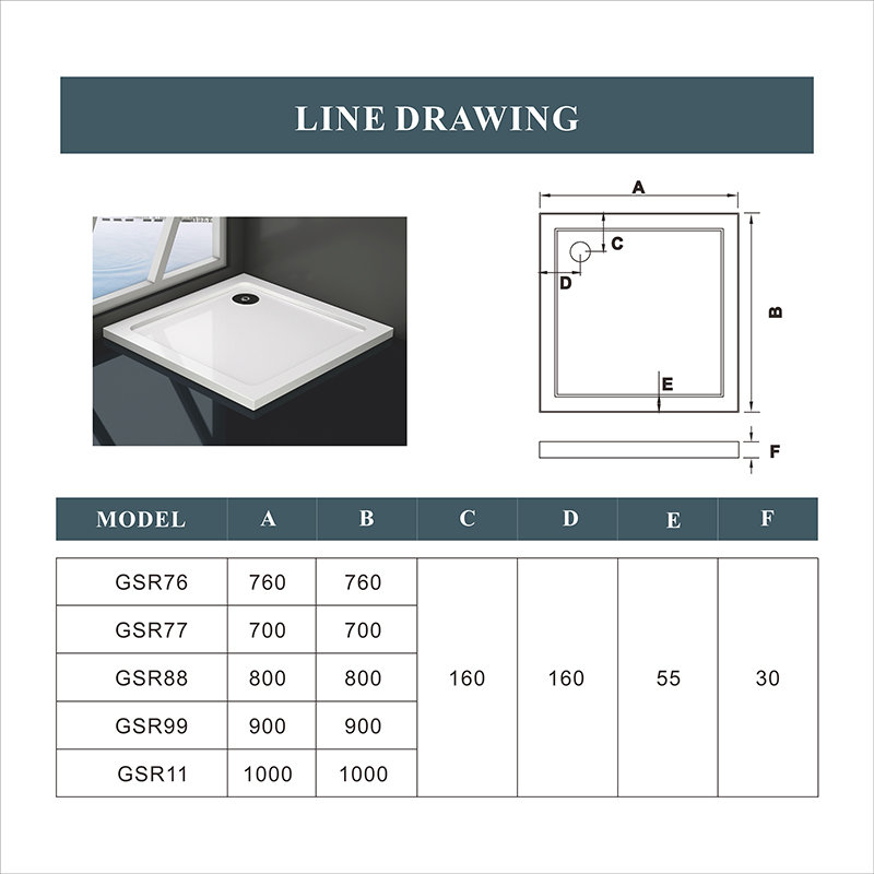 Gisele Stone Shower Tray- White, 30mm H x 760mm W x 760mm D