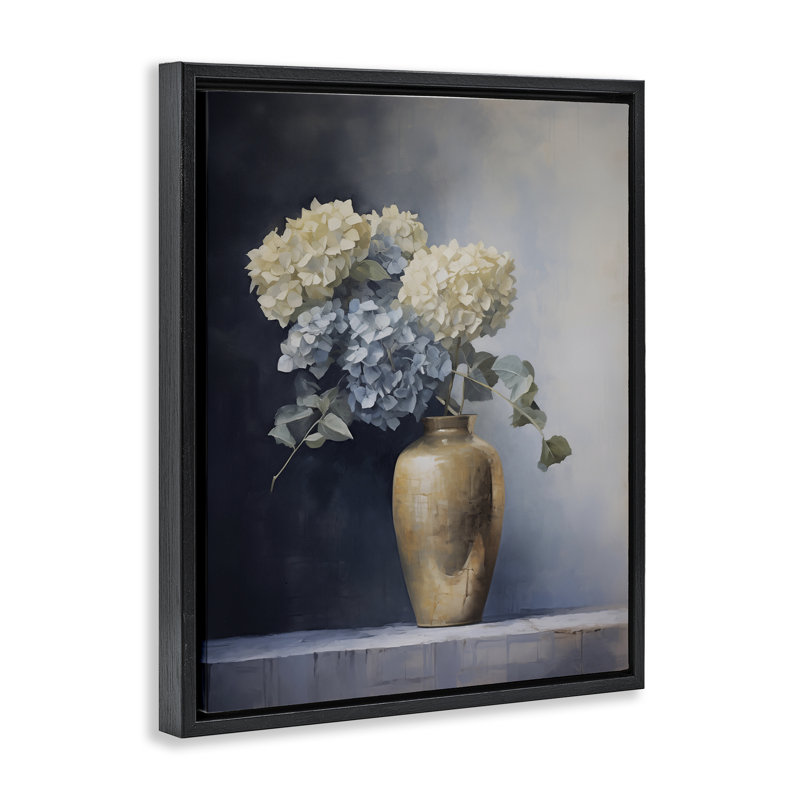 Subtle Hydrangeas in Vase Floating Frame, design by Arlington Prints, 21" H x 17" W, Black