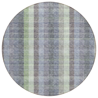 8' Pewter Gray And Mint Green Round Plaid Washable Indoor Outdoor Area Rug