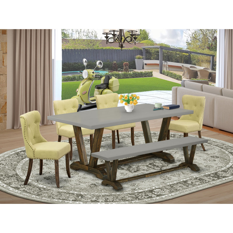 Ensemble de salle à manger 6 pièces comprenant une table de cuisine rectangulaire à pieds en V et 4 chaises rembourrées en lin Limelight avec banc, multicolore