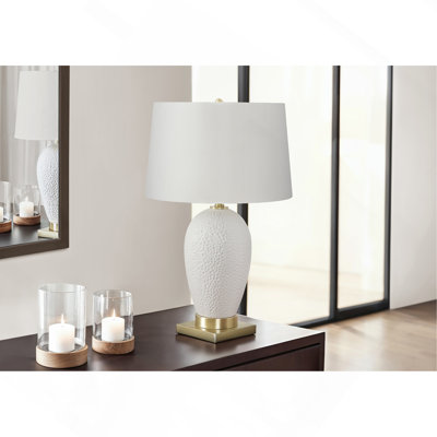 Lighting, H 26 po, lampe de table, céramique blanche, abat-jour ivoire / crème, transitionnel