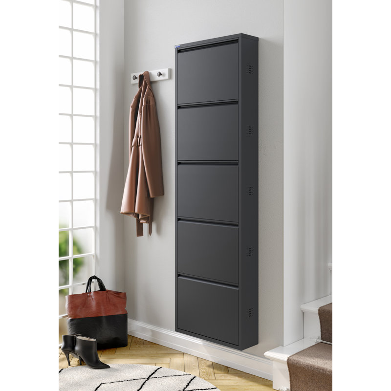 Antibacterial 5 Tier Metal Shoe Cabinet Side Holes, Dark Gray