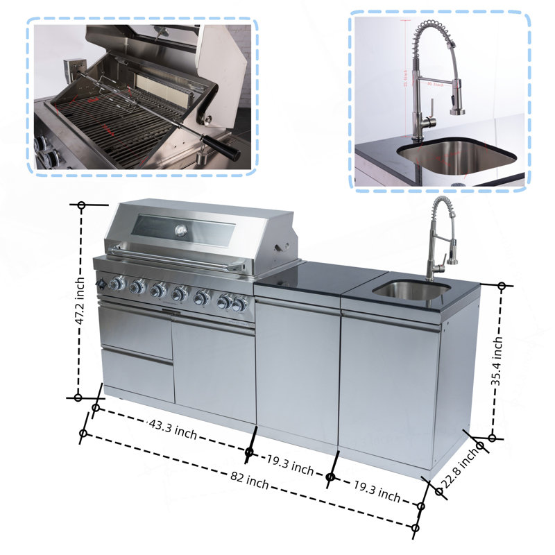82-Inch 6-Burner 85000 BTU Deluxe Stainless Steel Gas Outdoor Kitchen Bar Barbecue Island Grill  + Rotisserie + Granite Countertops + Storage Cabinets & Drawers + Stainless Steel Sink/Faucet