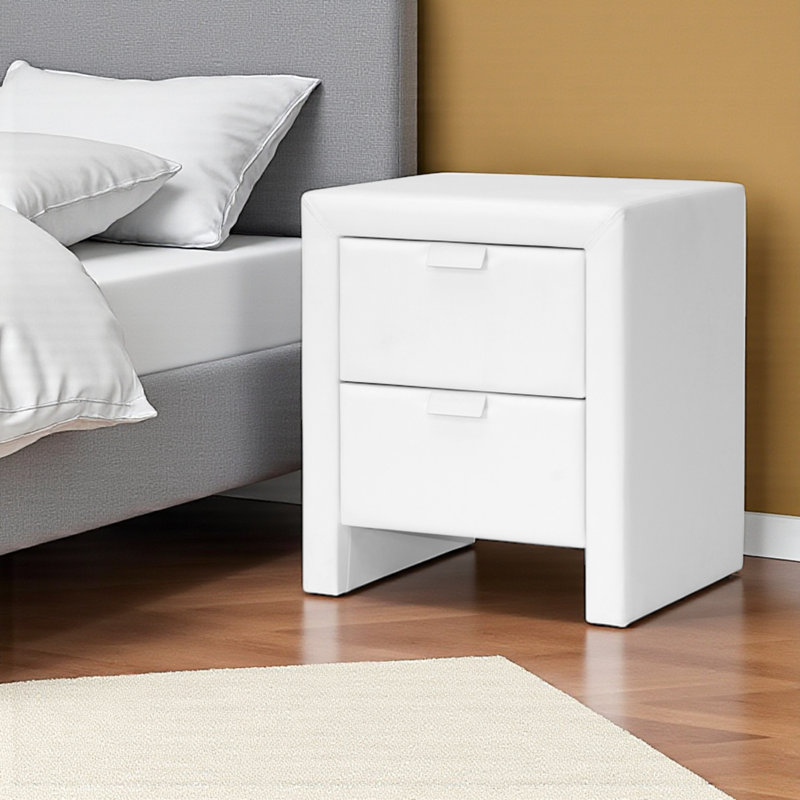 Clover 2-Drawers White Faux Leather Upholstered Nightstand, 21.32" H X 18.21" W X 15.7" D, White