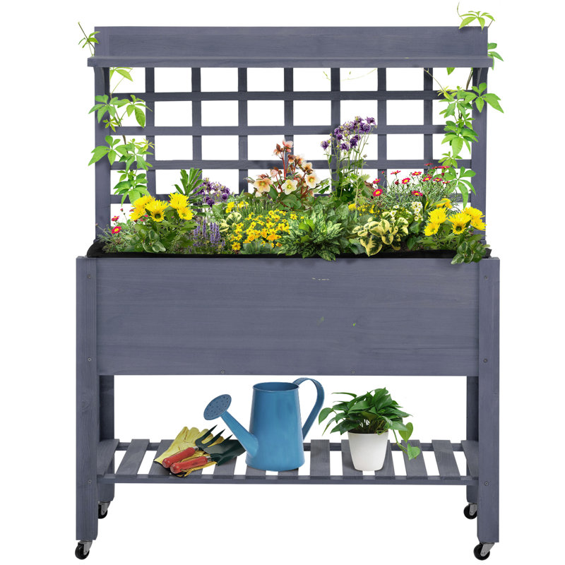 Lit de jardin surélevé en bois avec treillis, pot de fleurs surélevé de 41 po pour grandeur, boîte mystère grise
