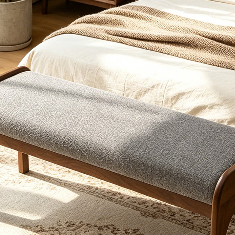 Banc rembourré en chenille avec pieds en bois massif, Gris