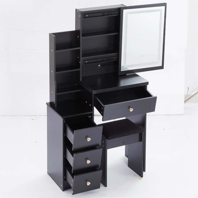 29.2" Small Size Left Bedside Cabinet Vanity Table + Cushioned Stool, Large Sliding, Touch Control, Tri-Color Switching, Brightness Adjust LED Mirror, High Capacity Storage, Suitable For Small Space