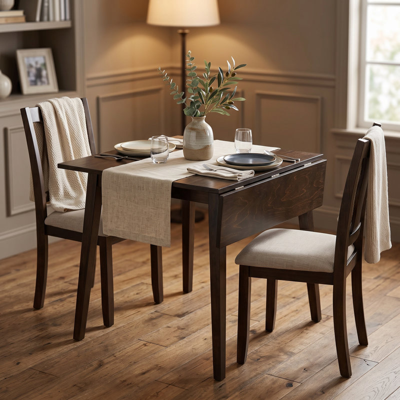 Ensemble de salle à manger 3 pièces à abattants avec 2 chaises rembourrées et pieds en bois massif, Beige et espresso, 3