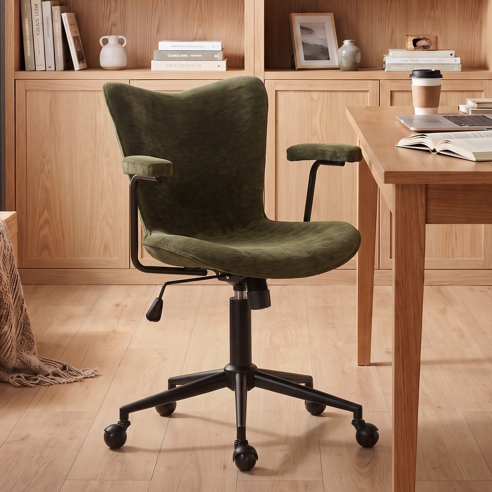 Fabric Office Chair Adjustable Swivel Task Chair With Padded Armrests Comfortable Desk Chair For Home Office Vanity Room