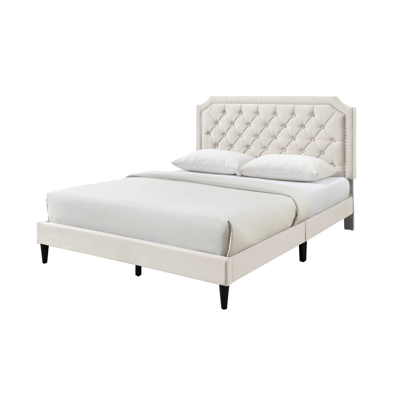 Lit plateforme tapissier à profil bas Ava, Très grand, Beige