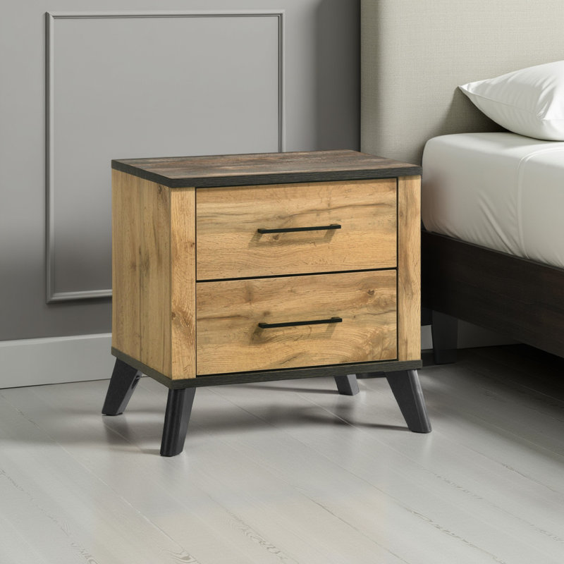 Wemy Nightstand With 2 Drawers, Metal Legs, Weathered Brown Pine Wood