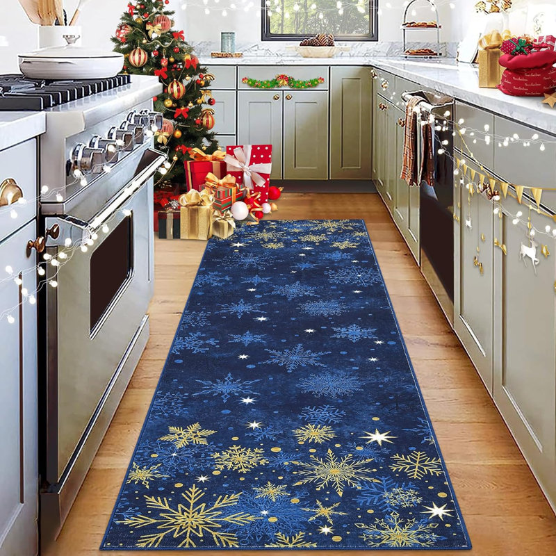 9x12 Red Christmas Runner Rug with Snowflake Pattern – Non Slip Low Pile Hallway and Kitchen Floor Carpet, Festive Holiday Decor