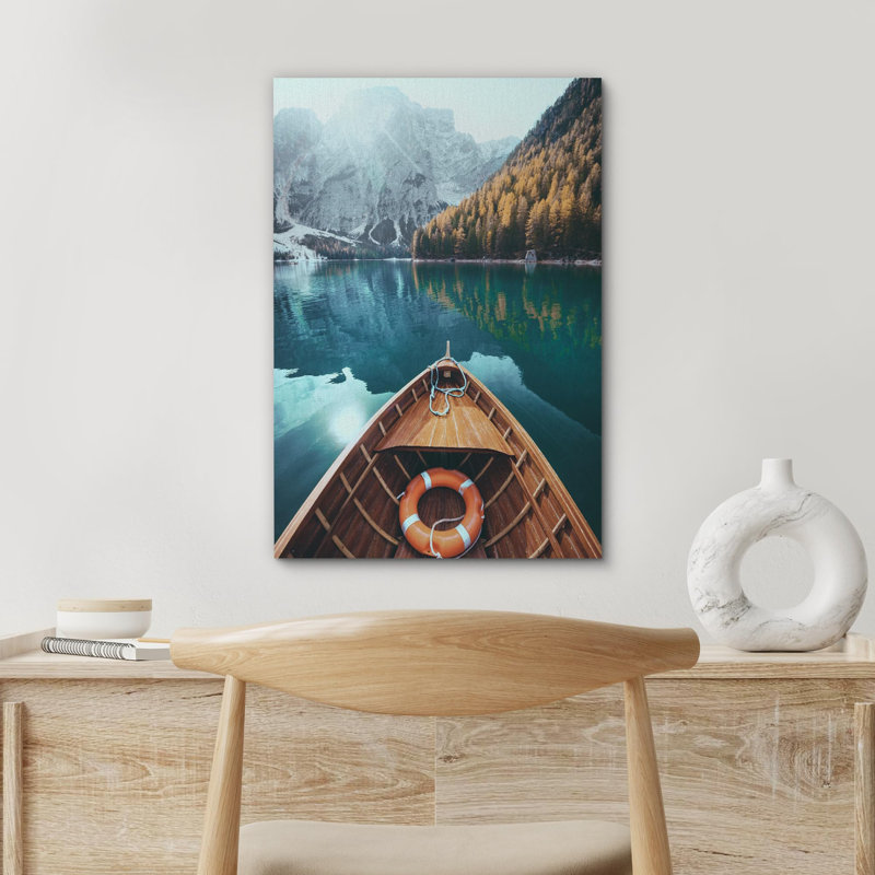 "Peaceful Boat On Alpine Lake Mountain Reflections And Clear Waters Photographie Nature Landscape" sur toile