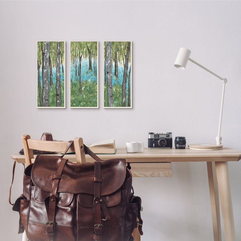 Rustic Grey Grey Trees Abstract Forest Scene par Jade Reynolds - Ensemble de 3 peintures, H 17 po x l 7 po, Plaque murale