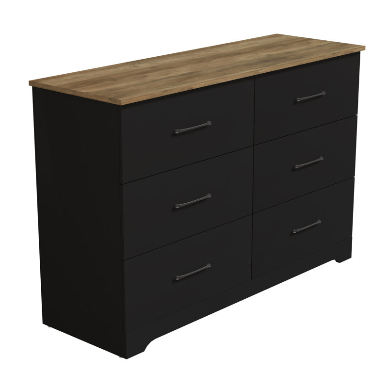 Commode 6 tiroirs Arkia, Noir / chêne noueux