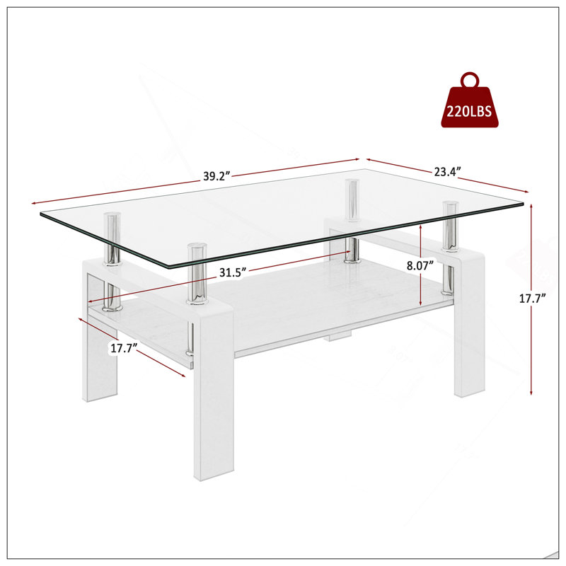 Table basse rectangulaire, plateau en verre trempé avec panneau de fibres à densité moyenne, table moderne pour le salon, verre