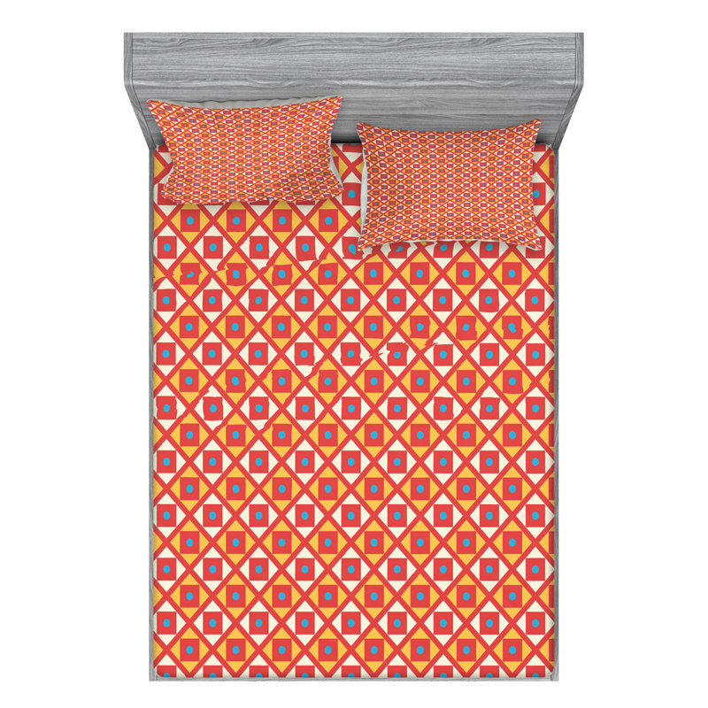 Microfiber Gingham Sheet Set, Full/Double Sheet Set with Fitted Sheet, Checked Retro Geometric