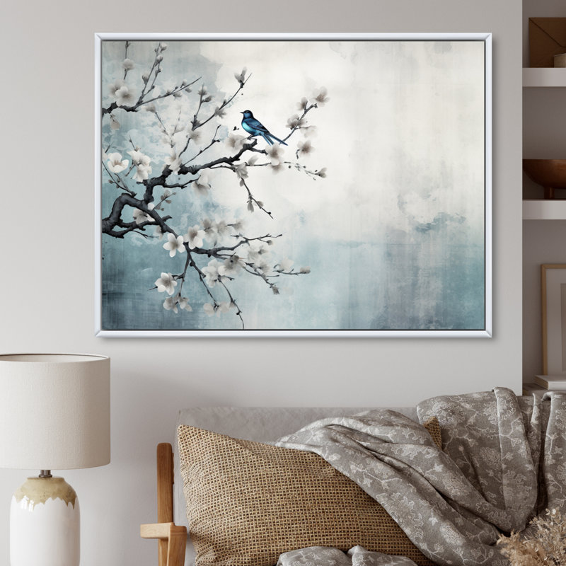Art asiatique, Sumi oiseau sérénité, art asiatique, H 24 po x l 32 po x P 1 po, Cadre flottant blanc