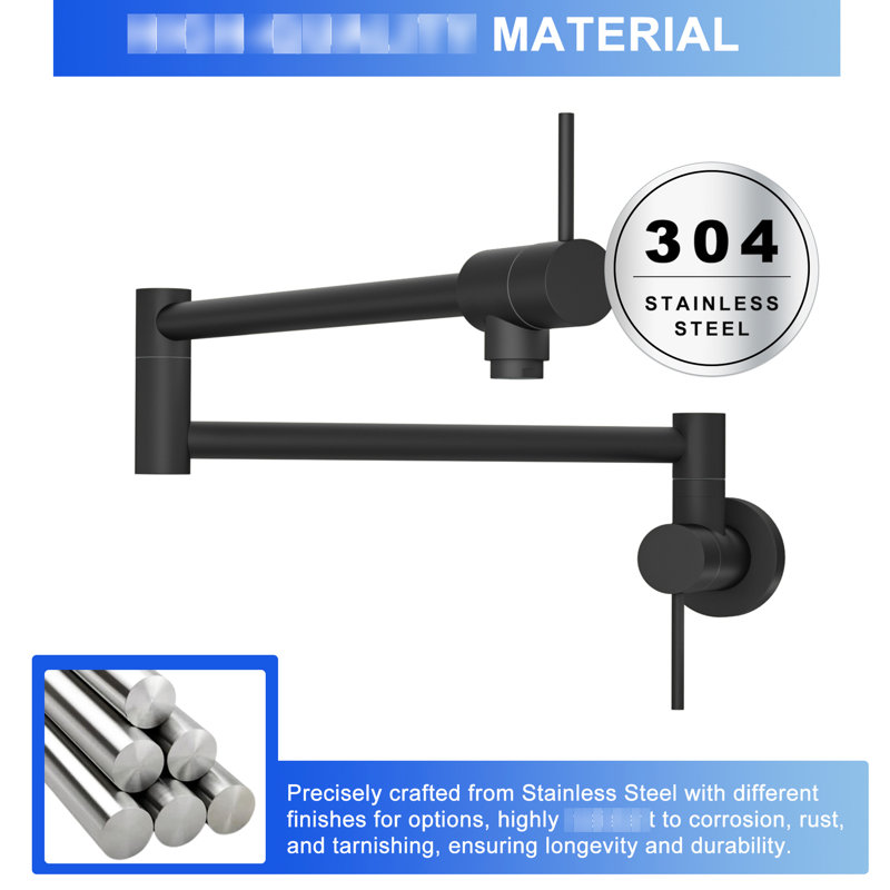 Single Hole Wall Mount Pot Filler - Matte Black, Two Handles, 360 Swing, Solid Brass, Kitchen Faucet Black Hole, Brass And Stainless