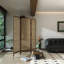 3 panneaux beige, rotin brun et paravent en bois massif