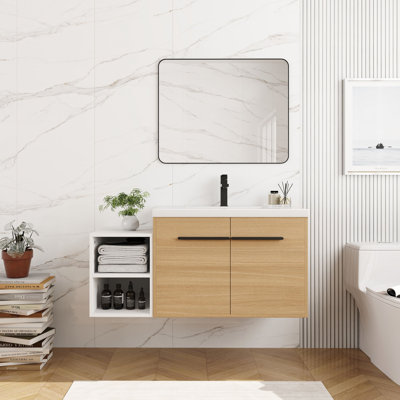 Meuble-lavabo mural avec lavabo de comptoir en résine, 1 tablette de rangement, 2 portes à fermeture douce