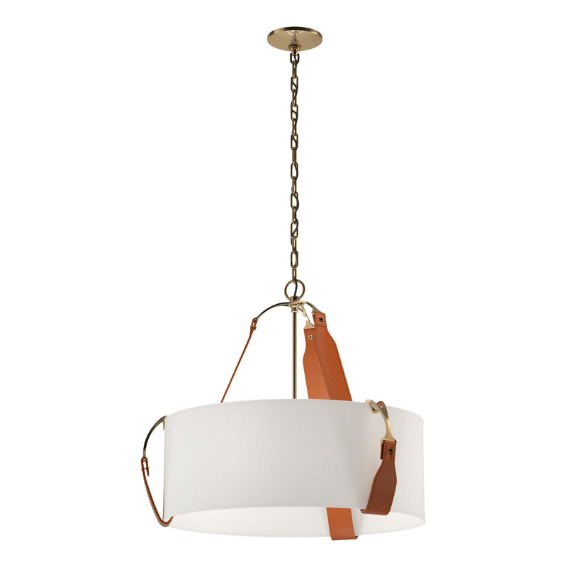 Saratoga 3 - Light Drum Pendant, Flax Shade, Antique Brass, British Brown Leather