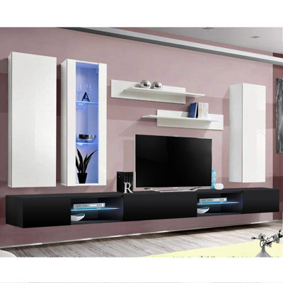 126" Modern Floating Wall Mounted Entertainment Center with 16-Color LED Lighting, High Gloss Finish
