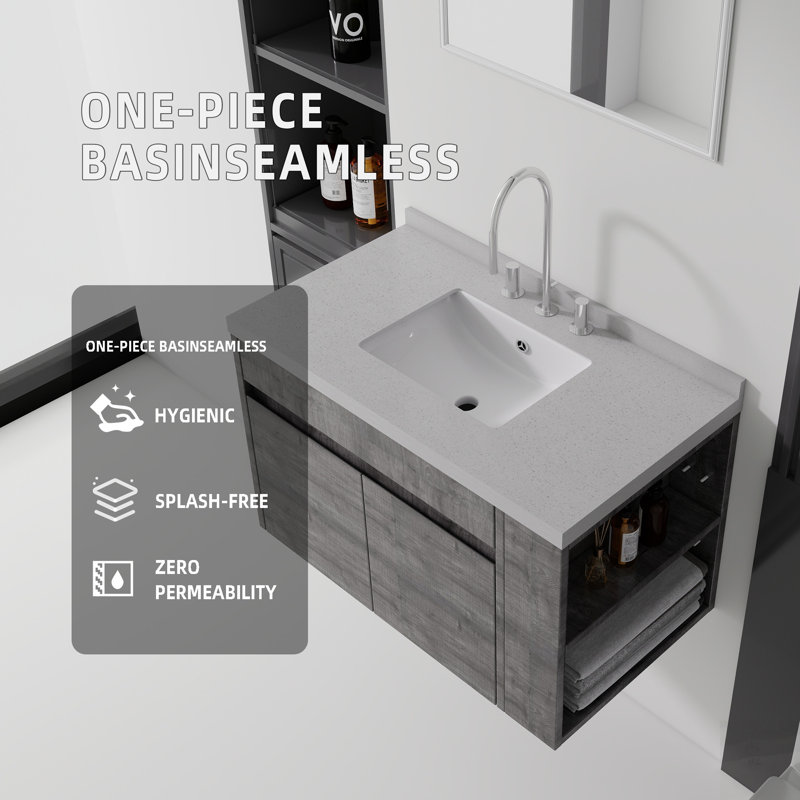 Meuble-lavabo flottant avec lavabo, porte à fermeture en douceur et comptoir en marbre de culture durable pour salle de bain moderne