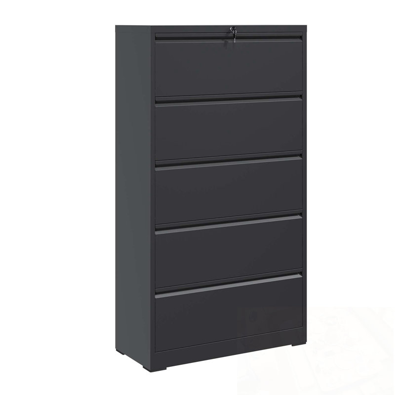 Wide Metal File Cabinet With 5 Drawers And Lock, Black