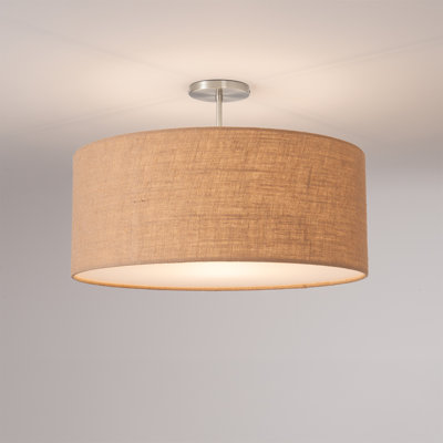 Stretch Semi Flush Mount, Burlap Shade, Satin Nickel
