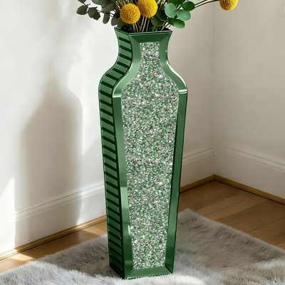 DeGrailly Emerald Green Mirrored Floor Vase Crystal Diamond Decorative Tall Vase with Mirror Finish