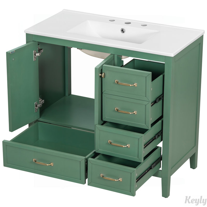 Meuble-lavabo 36 po avec lavabo, porte à fermeture douce, 4 tiroirs, Vert