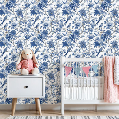 Peel and Stick Wallpaper Elegant Blue White Floral Bird Chinoiserie Artwork Contact Paper Removable Self Adhesive Wall Mural Wall Decor for Bedroom Kitchen Cabinets 24in x 118in